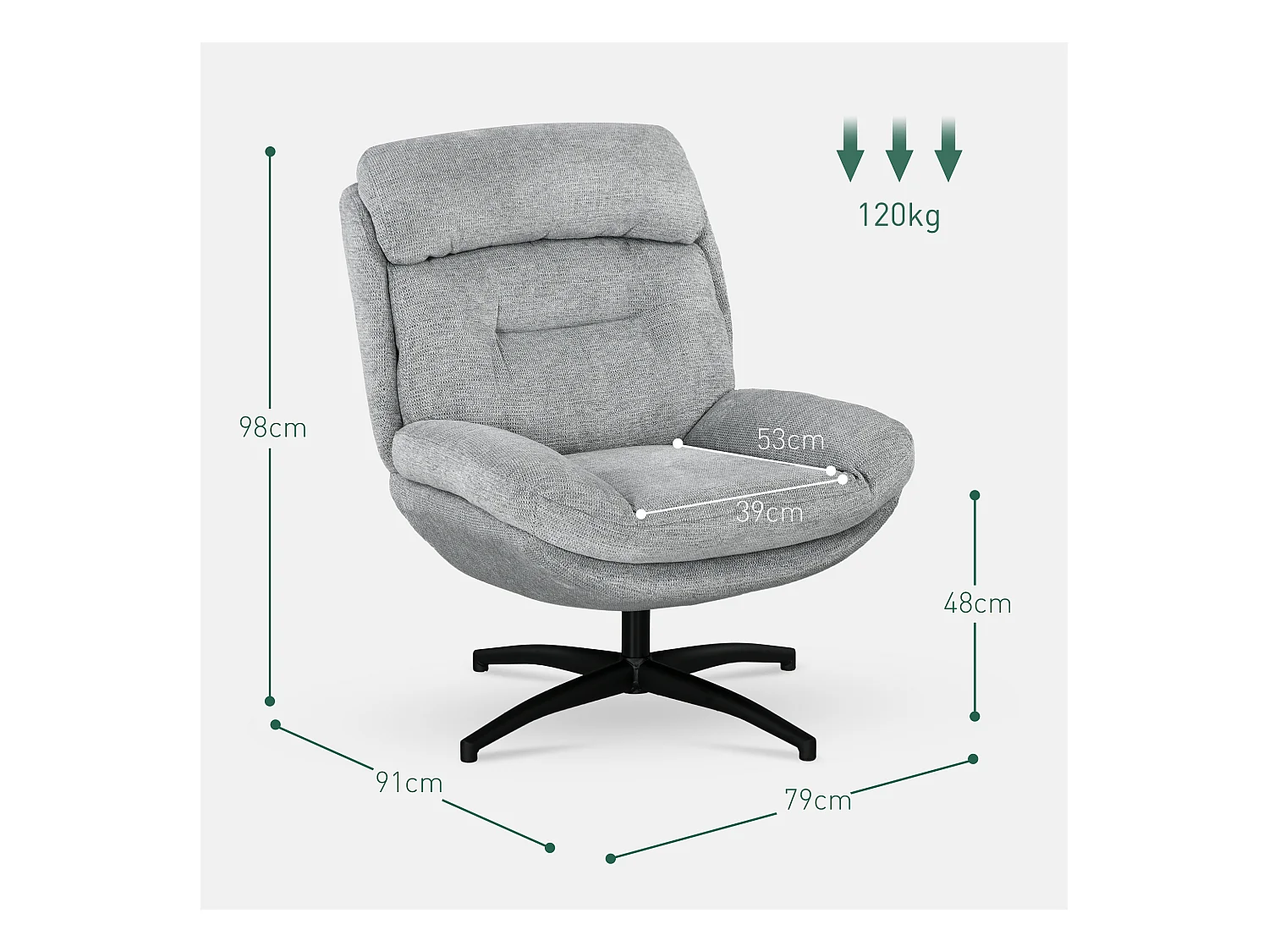 Sillón relax giratorio de chenilla resistente al agua con reposabrazos para salón 79x91x98 cm