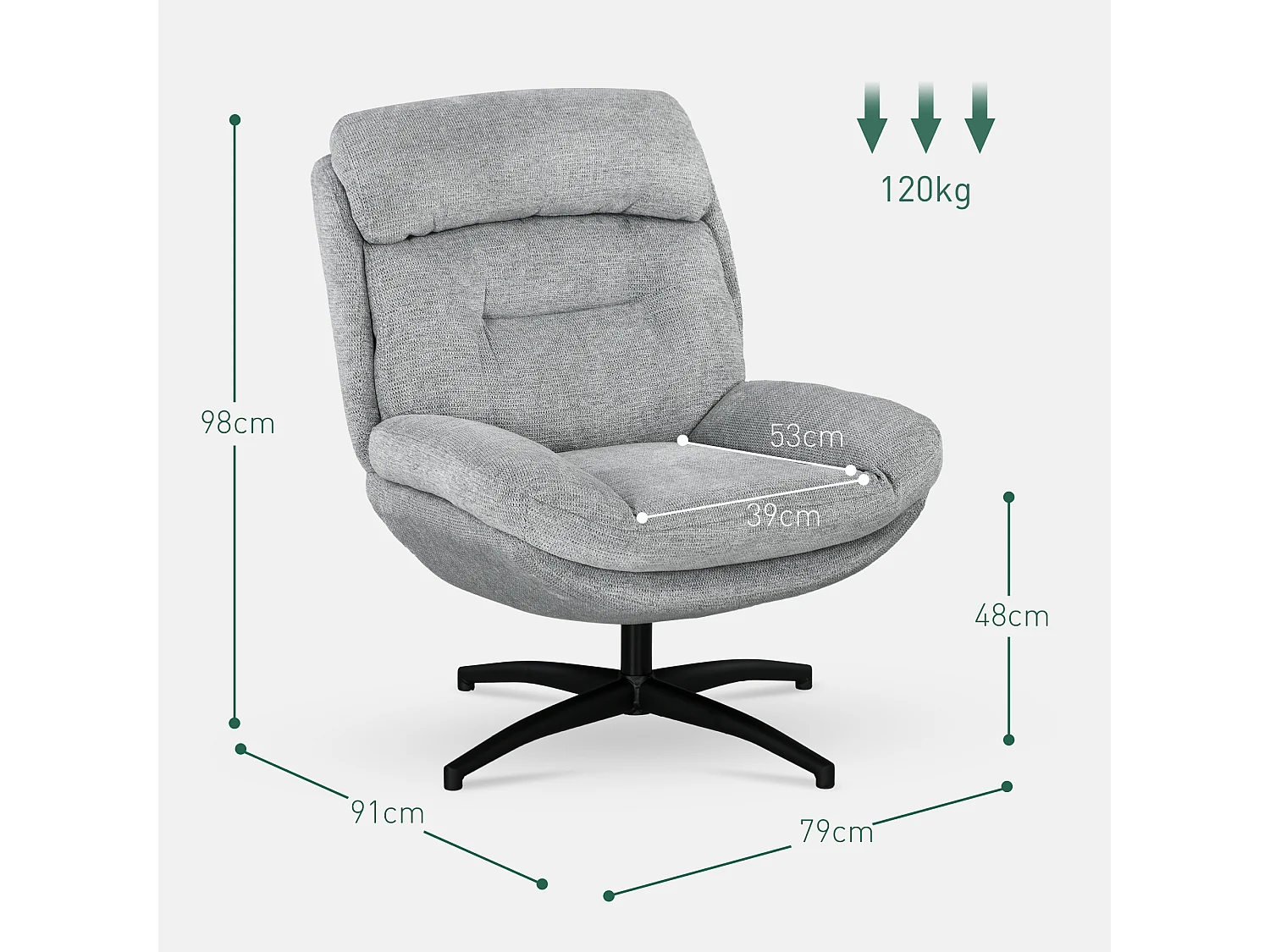 Sillón relax giratorio de chenilla resistente al agua con reposabrazos para salón 79x91x98 cm