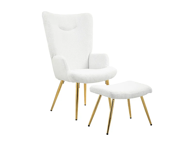 Poltrona con cuscino Sherpa e poggiapiedi coordinato in metallo dorato - Comfort morbido e design elegante