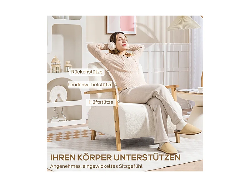 Sillón Sherpa con reposabrazos, asiento acolchado ancho para salón, dormitorio, color crema