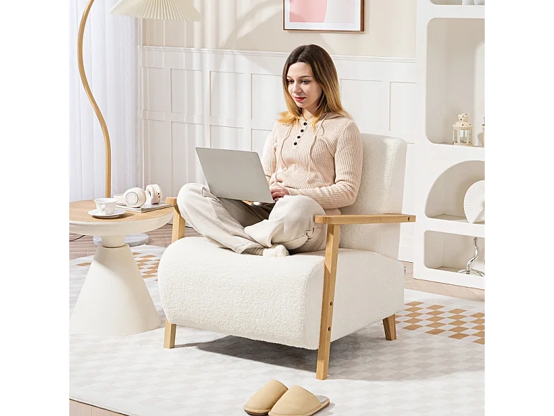 Sillón Sherpa con reposabrazos, asiento acolchado ancho para salón, dormitorio, color crema