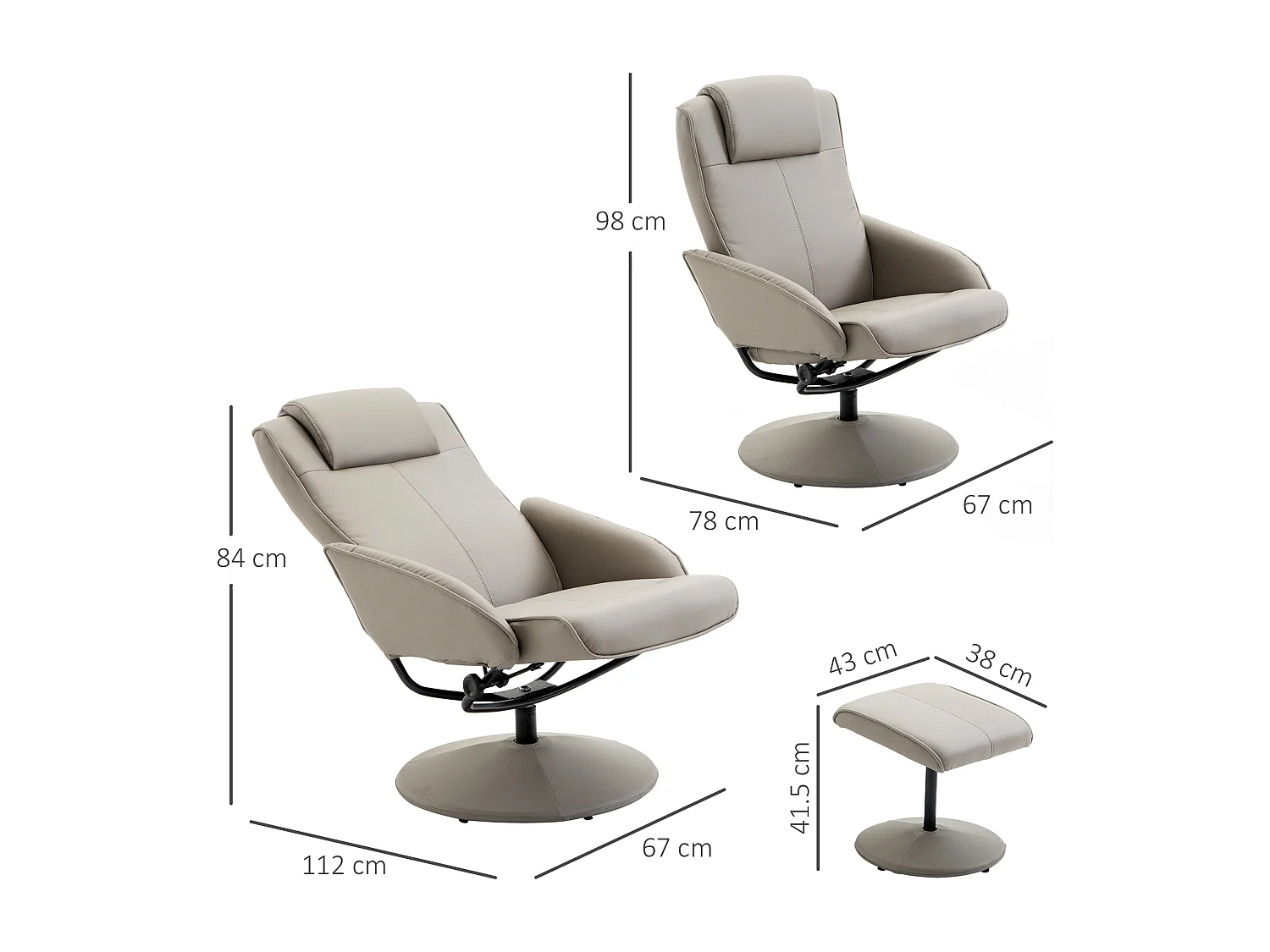 Sillón relax 360° con otomana piel sintética reclinable 145° salón dormitorio gris 78x67x98 cm