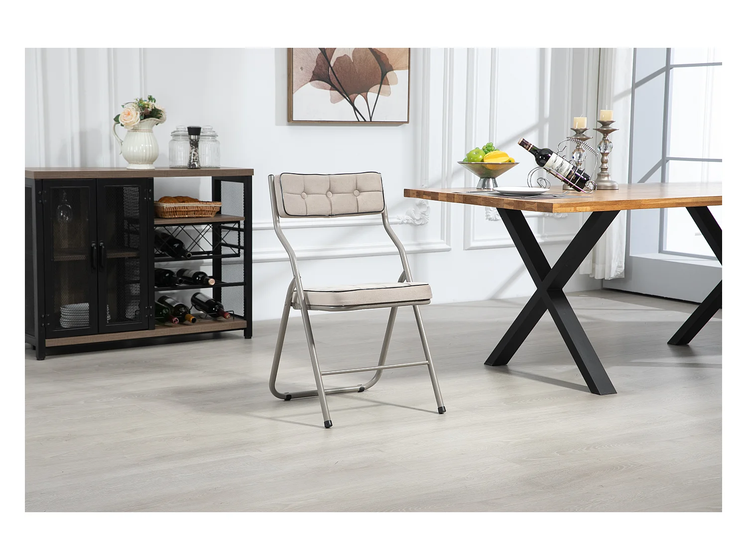 Conjunto de 2 cadeiras dobráveis de aço com almofadas confortáveis para cozinha, escritório, recepção de casamento, cor cáqui