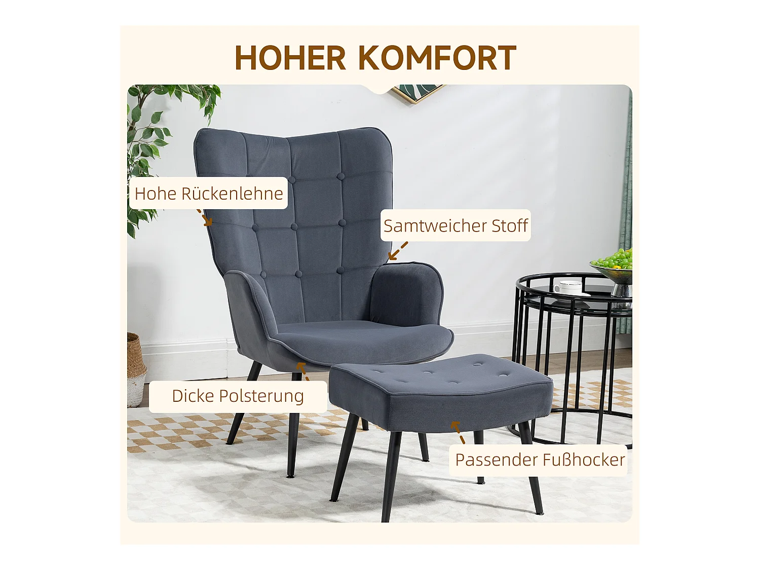 Sillón relax de terciopelo con reposapiés de acero diseño salón dormitorio 71x77x99 cm