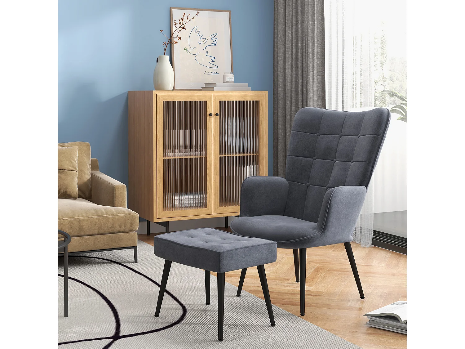 Fauteuil relax velours avec repose-pieds acier design salon chambre 71x77x99 cm