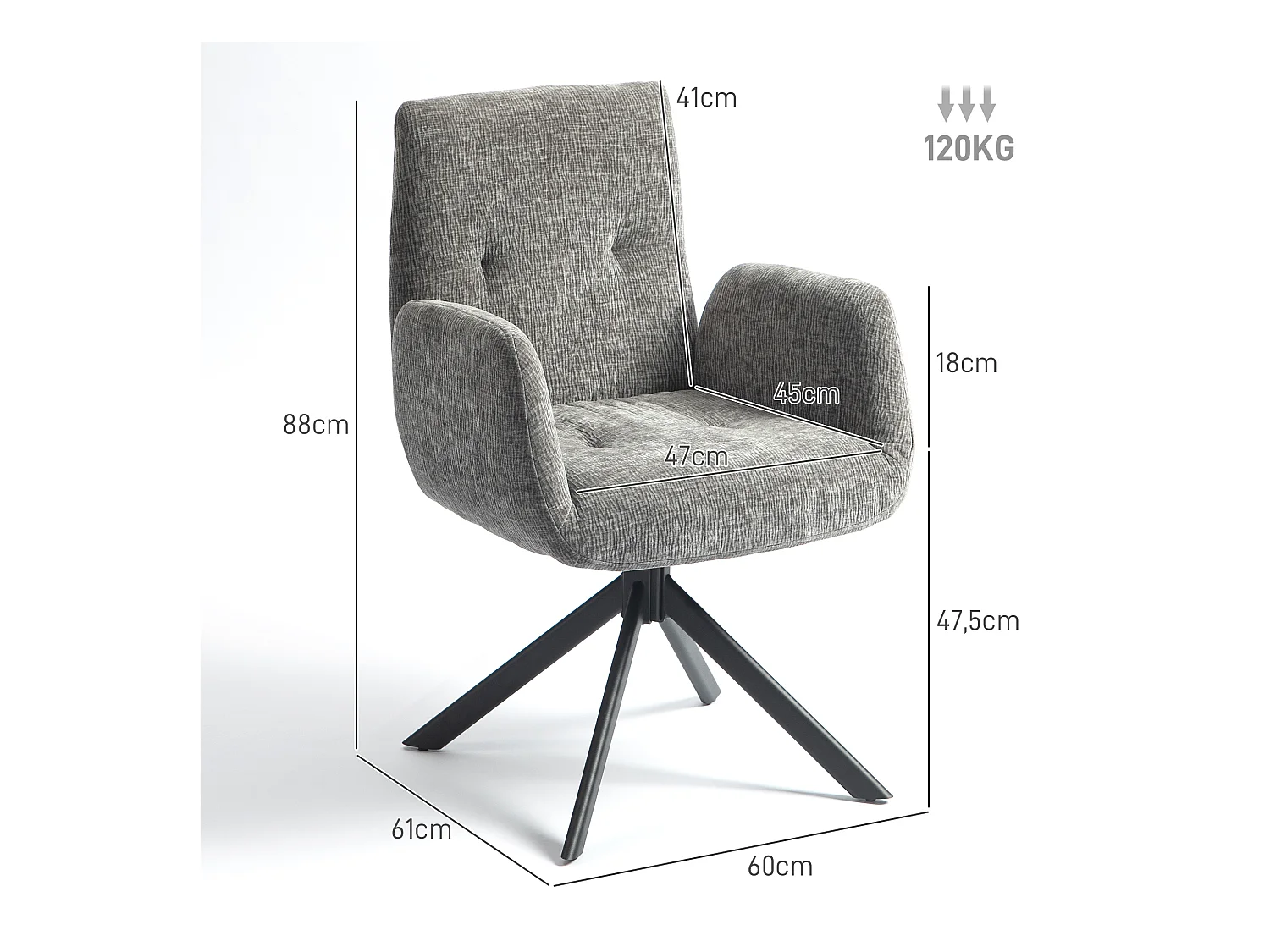 Sillón giratorio con reposabrazos en tejido de lana y lino para salón dormitorio gris oscuro 60x61x88cm