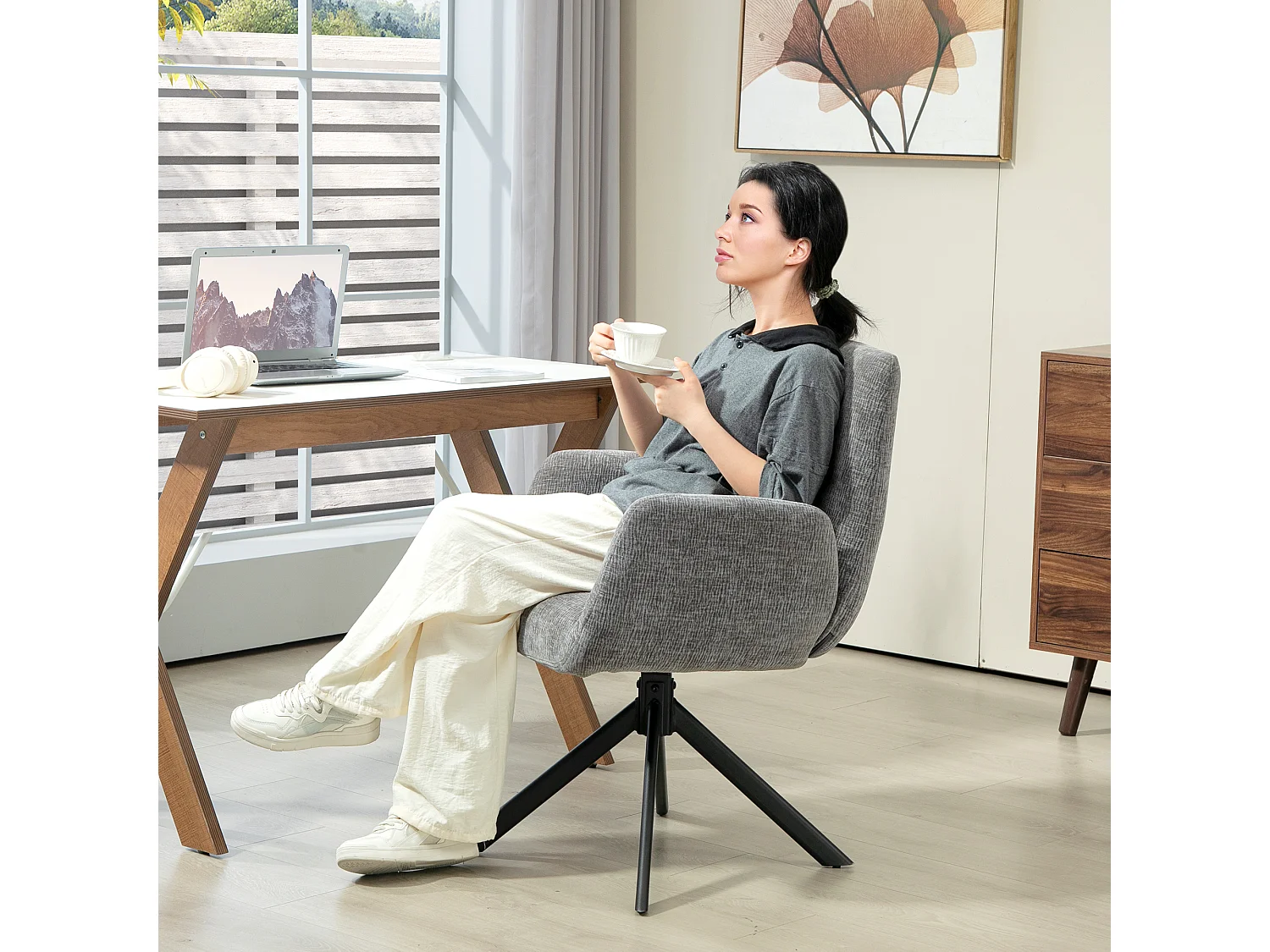 Poltrona lounge pivotant in tessuto laine-lin con accoudoirs pour salon chambre grigio foncé 60x61x88cm