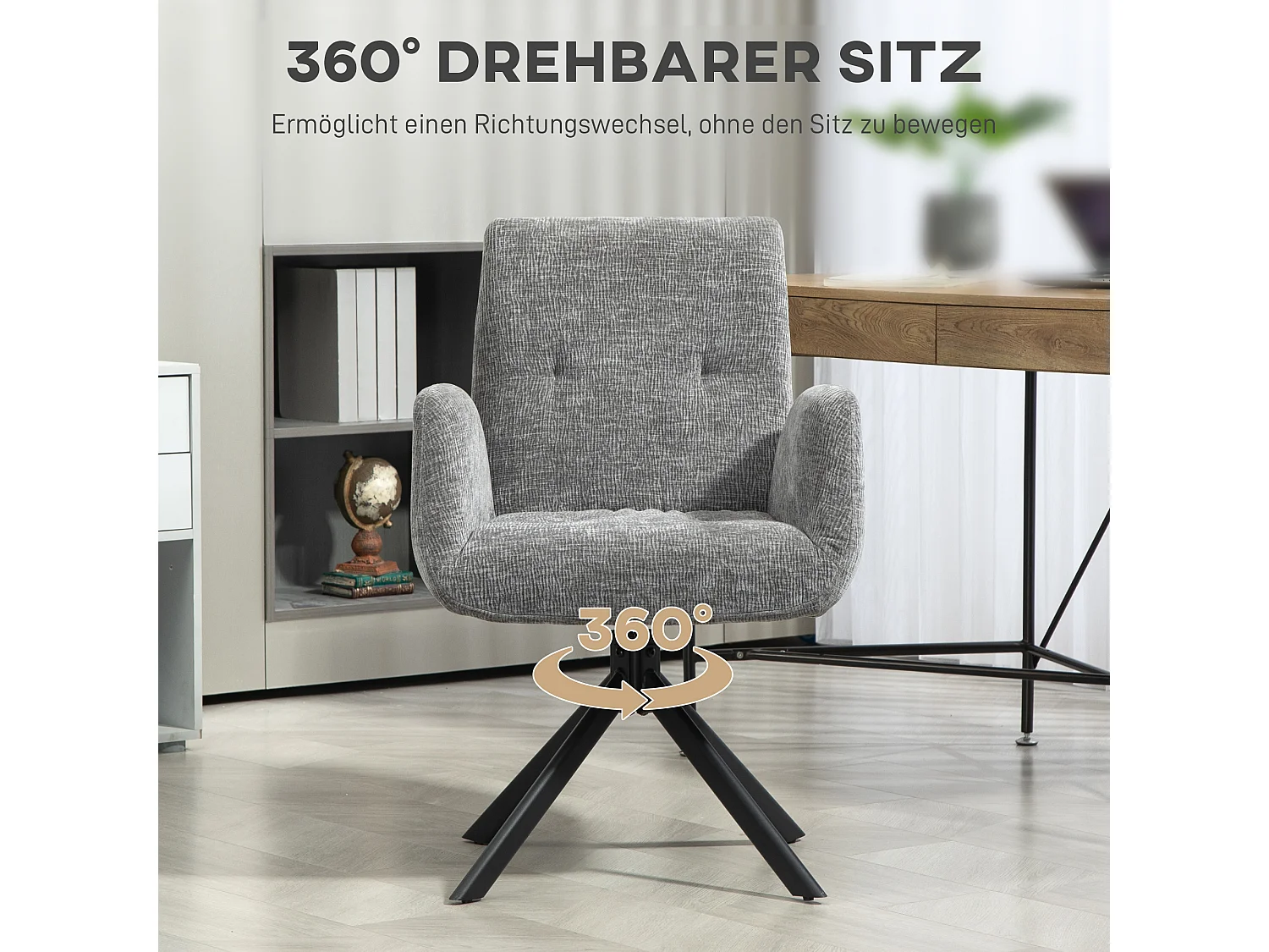 Poltrona lounge pivotant in tessuto laine-lin con accoudoirs pour salon chambre grigio foncé 60x61x88cm