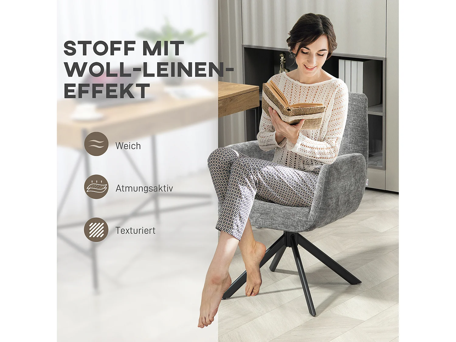 Poltrona lounge pivotant in tessuto laine-lin con accoudoirs pour salon chambre grigio foncé 60x61x88cm