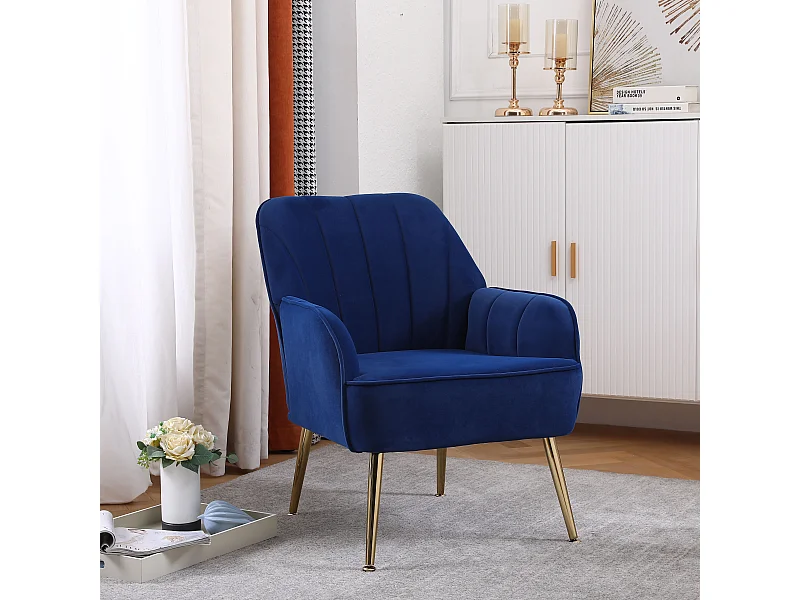 Sillón de terciopelo azul oscuro con patas de metal para sala de estar, oficina y dormitorio.
