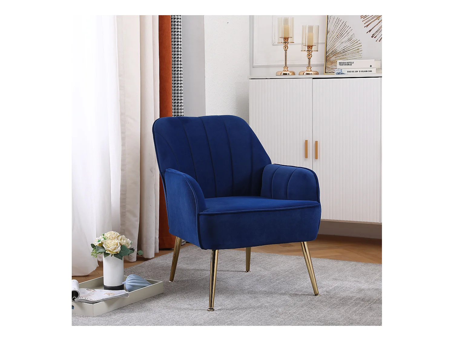 Poltrona Lounge de Veludo Azul Escuro com Pernas de Metal para Sala de Estar, Escritório e Quarto