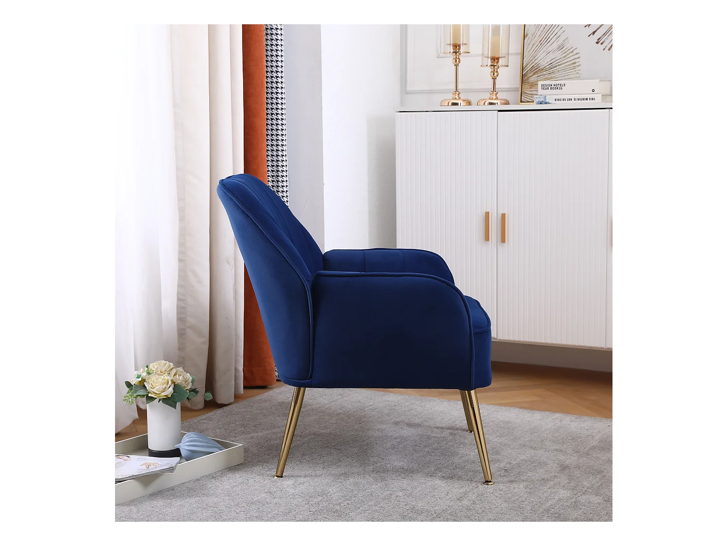 Poltrona Lounge de Veludo Azul Escuro com Pernas de Metal para Sala de Estar, Escritório e Quarto