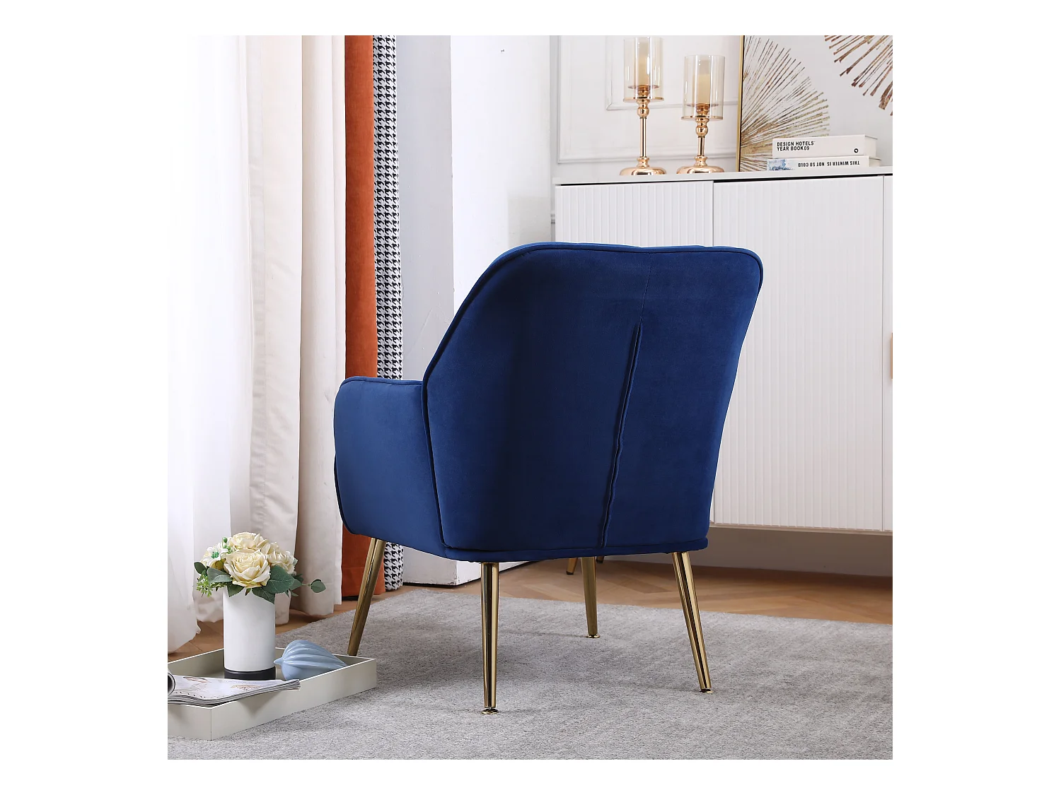 Poltrona Lounge de Veludo Azul Escuro com Pernas de Metal para Sala de Estar, Escritório e Quarto