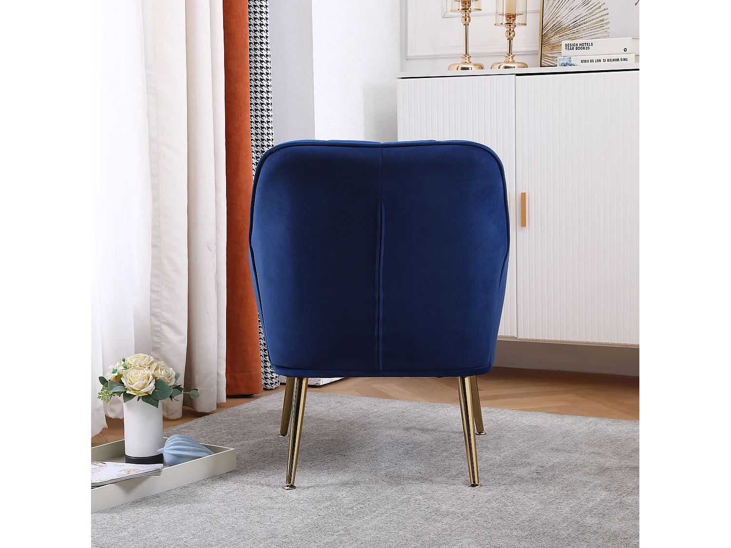 Poltrona Lounge de Veludo Azul Escuro com Pernas de Metal para Sala de Estar, Escritório e Quarto