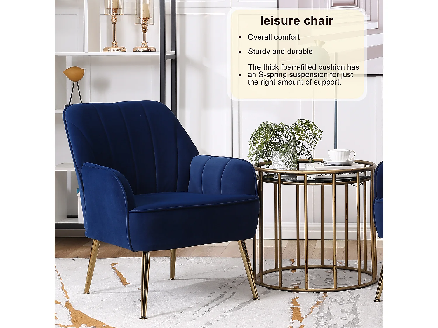 Poltrona Lounge de Veludo Azul Escuro com Pernas de Metal para Sala de Estar, Escritório e Quarto