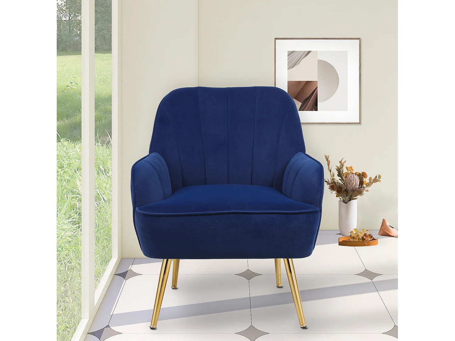 Fauteuil lounge en velours Bleu foncé avec pieds métalliques pour salon, bureau et chambre