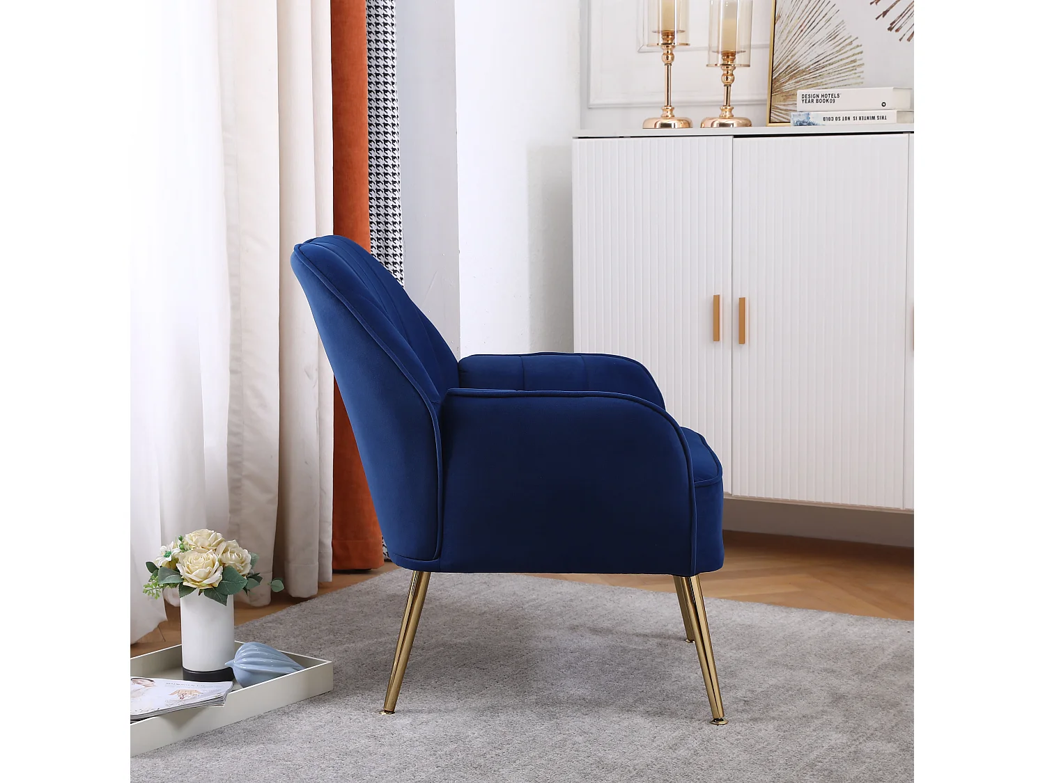 Fauteuil lounge en velours Bleu foncé avec pieds métalliques pour salon, bureau et chambre