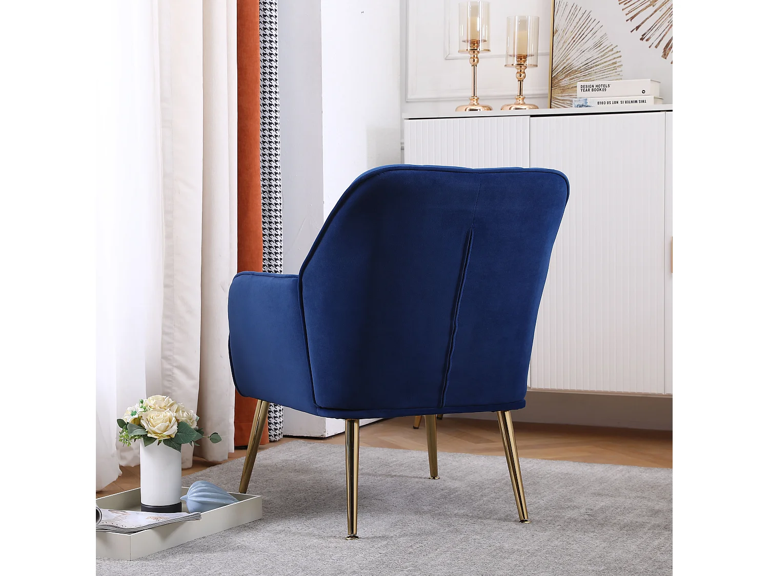 Fauteuil lounge en velours Bleu foncé avec pieds métalliques pour salon, bureau et chambre