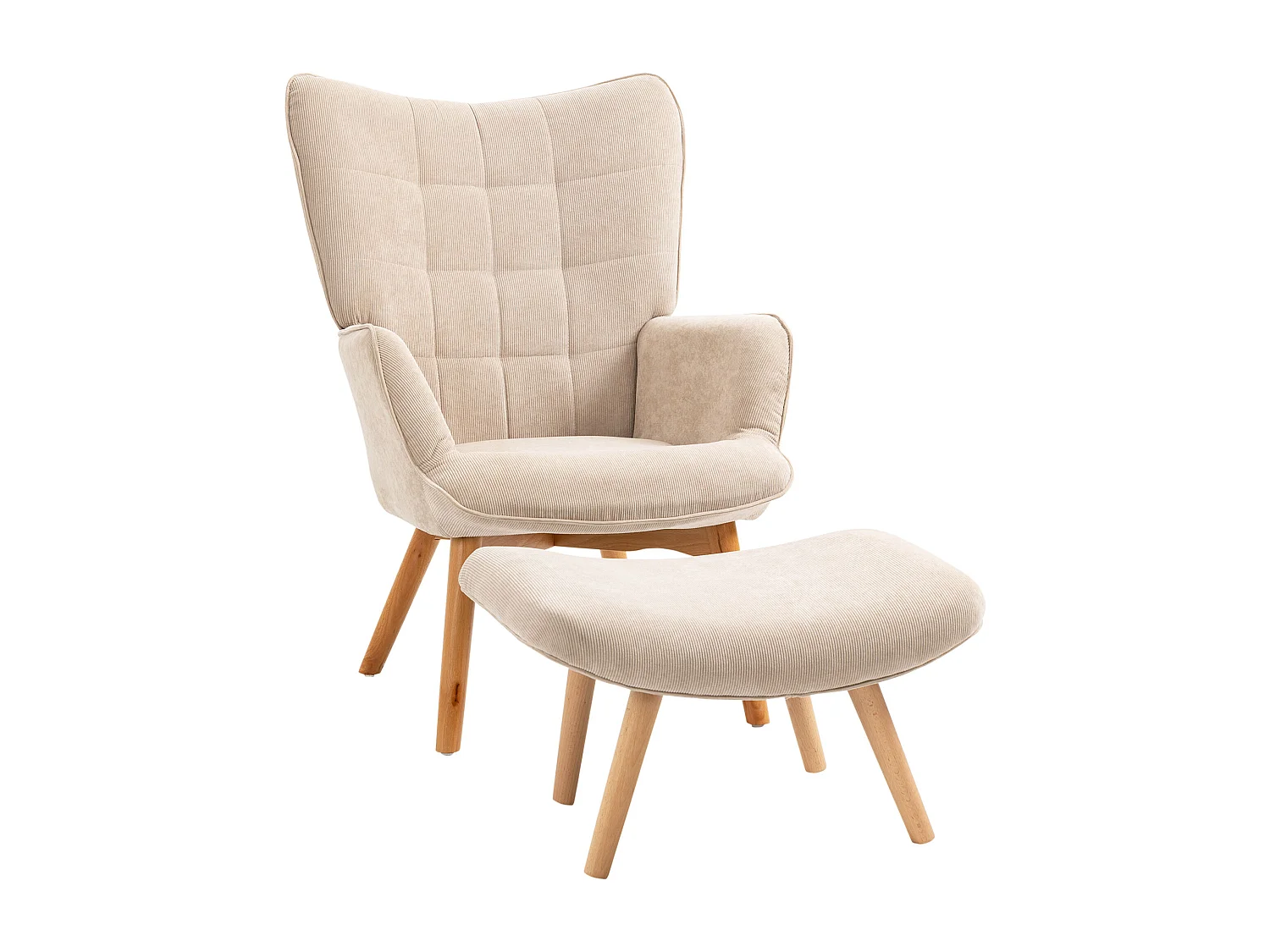 Fauteuil oreille avec repose-pieds velours côtelé lounge fauteuil salon accoudoirs beige 72x80x101 cm