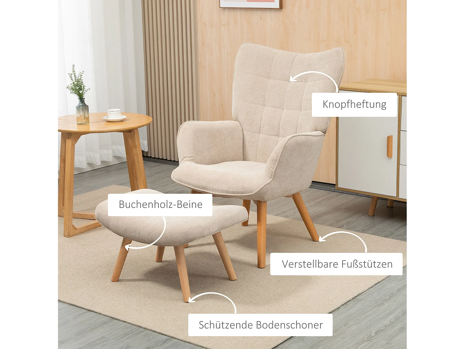 Fauteuil oreille avec repose-pieds velours côtelé lounge fauteuil salon accoudoirs beige 72x80x101 cm