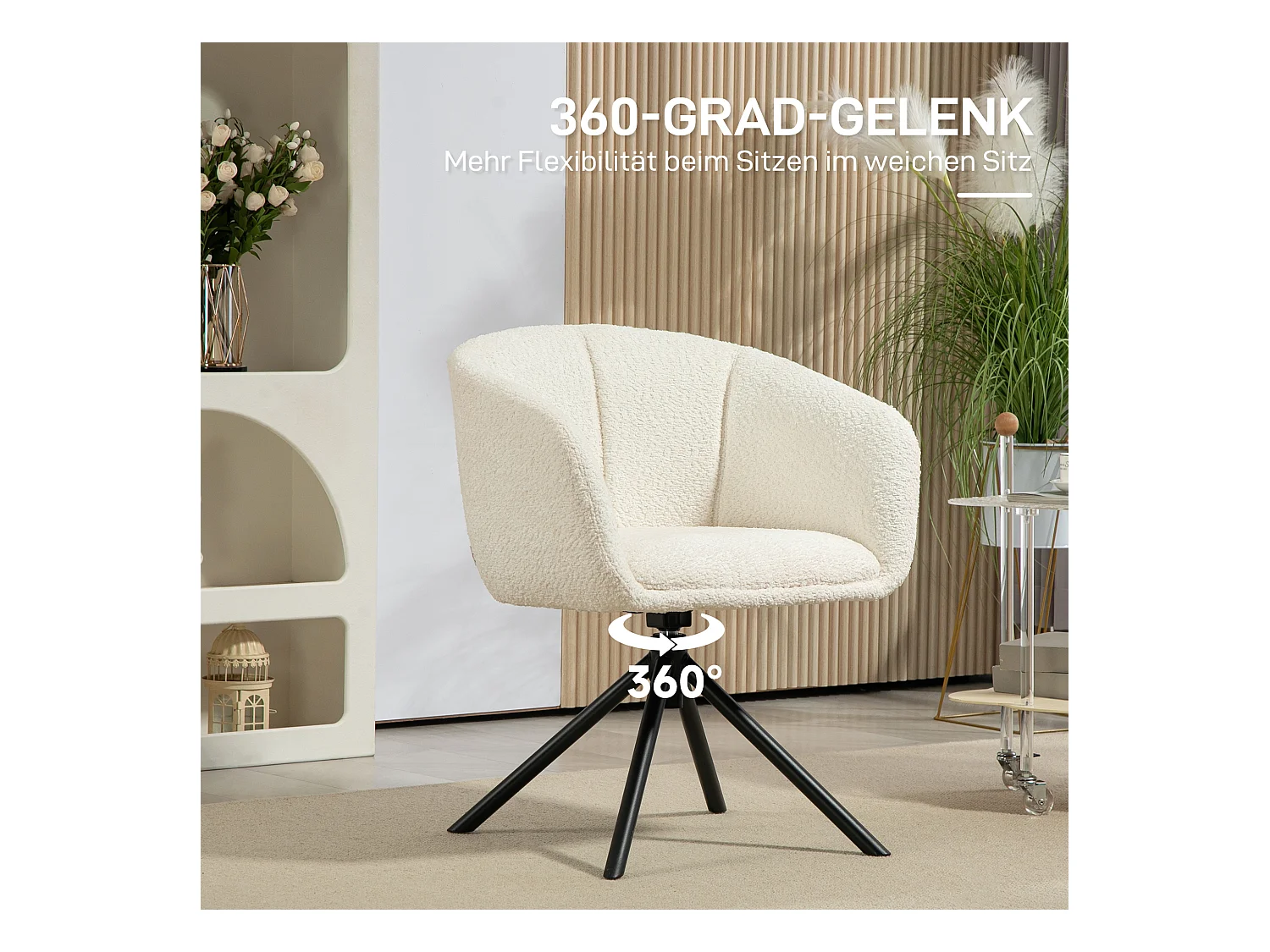 Sillón giratorio de lino con reposabrazos y patas de metal para salón dormitorio color crema