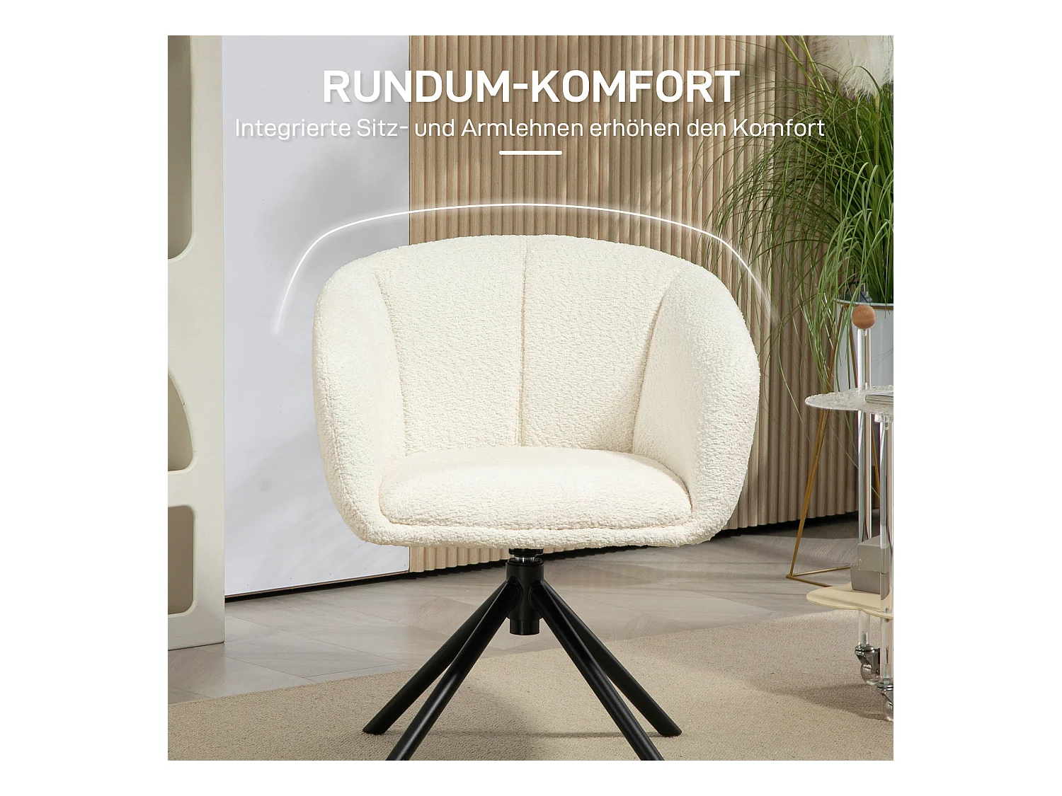 Sillón giratorio de lino con reposabrazos y patas de metal para salón dormitorio color crema