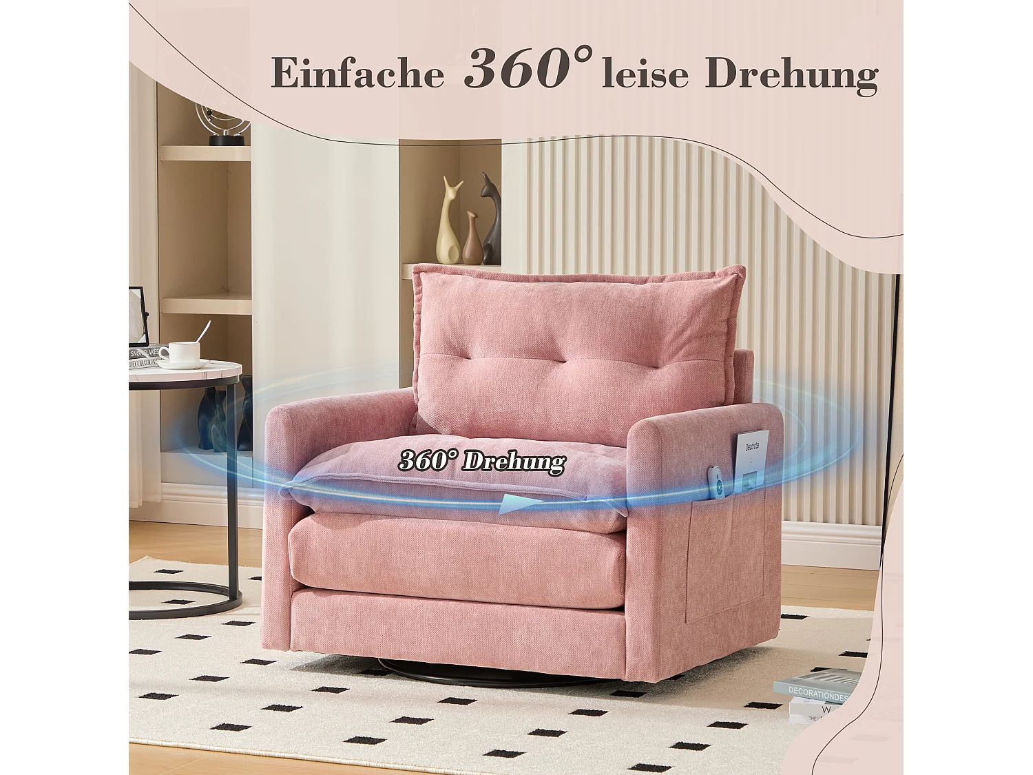 Sillón giratorio de 360°, cómodo, de tela, con reposabrazos, para sala de estar, dormitorio, oficina, color rosa