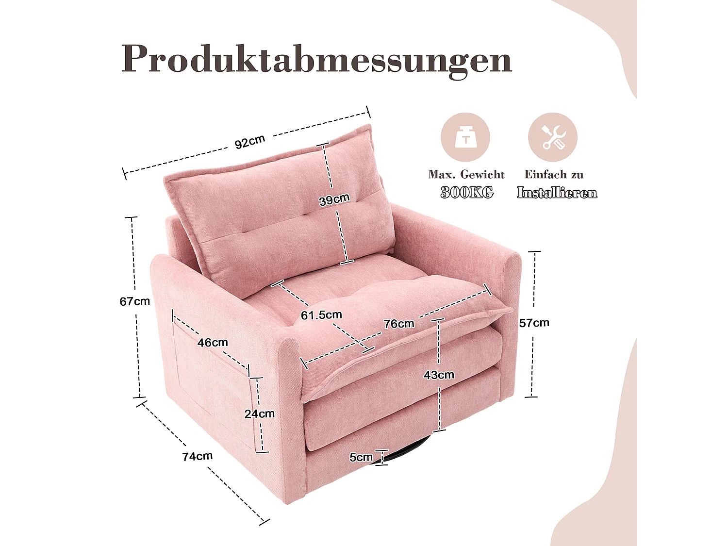 Sillón giratorio de 360°, cómodo, de tela, con reposabrazos, para sala de estar, dormitorio, oficina, color rosa