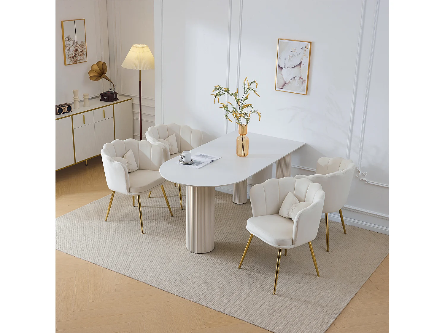 Lot 4 Fauteuils Velours Design Salon Chambre Pétale Pieds Dorés 63x65x85cm