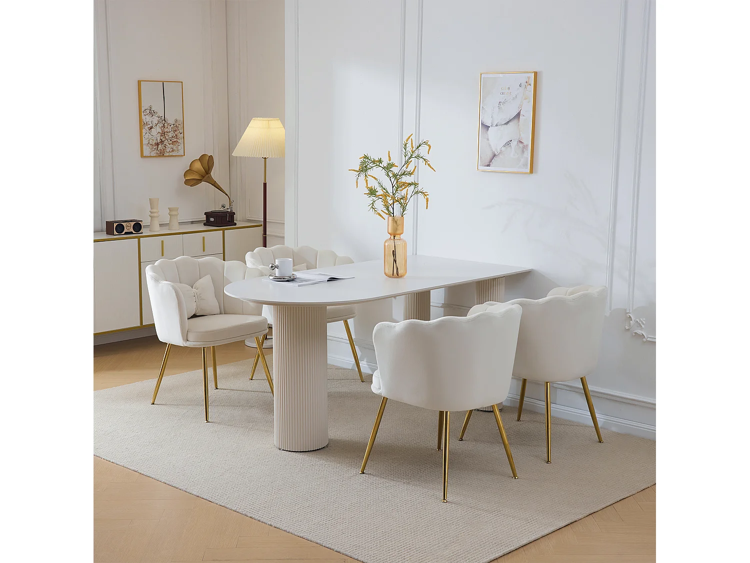 Lot 4 Fauteuils Velours Design Salon Chambre Pétale Pieds Dorés 63x65x85cm