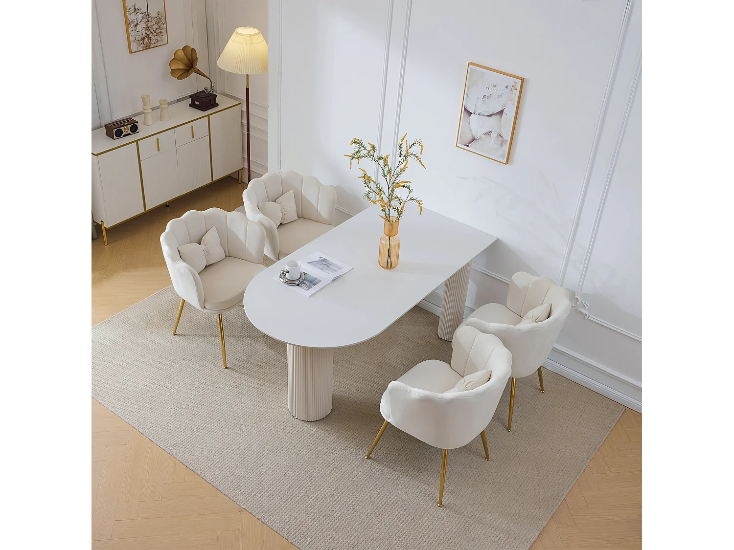 Lot 4 Fauteuils Velours Design Salon Chambre Pétale Pieds Dorés 63x65x85cm