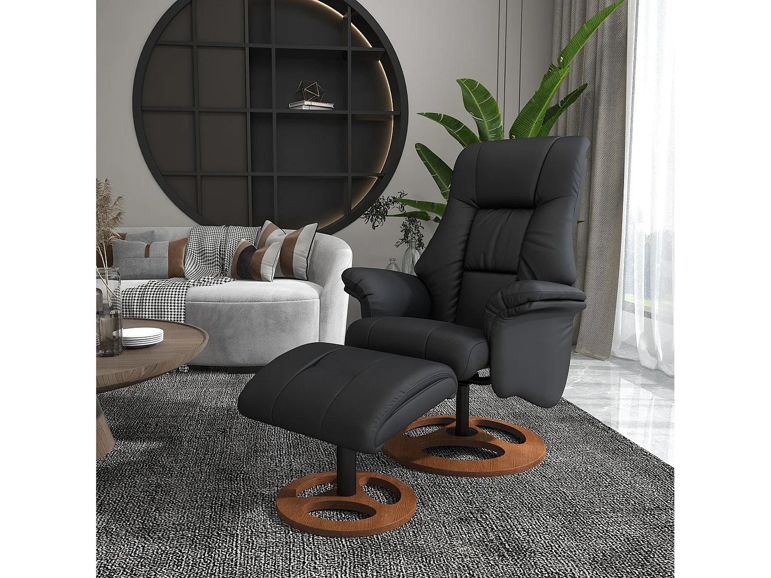 Fauteuil relax électrique cuir synthétique pivotant 360° inclinabile 130° con ottomane noir 77x89x110 cm