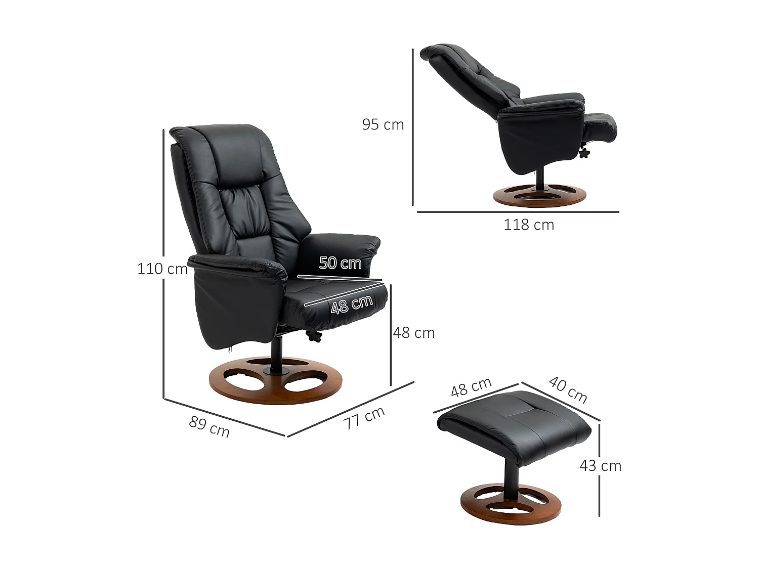 Fauteuil relax électrique cuir synthétique pivotant 360° inclinabile 130° con ottomane noir 77x89x110 cm