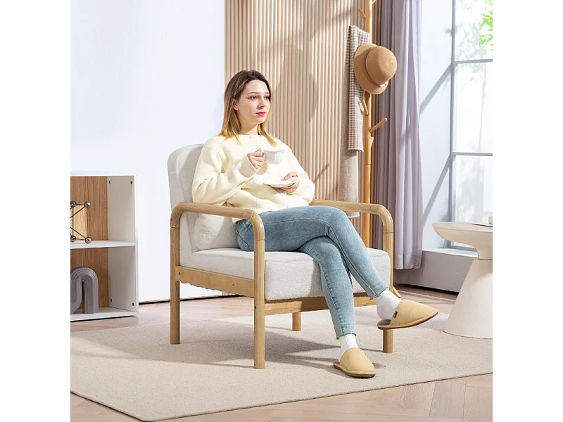 Poltrona Bouclé com braços, assento largo e acolchoado para sala de estar, quarto, branca