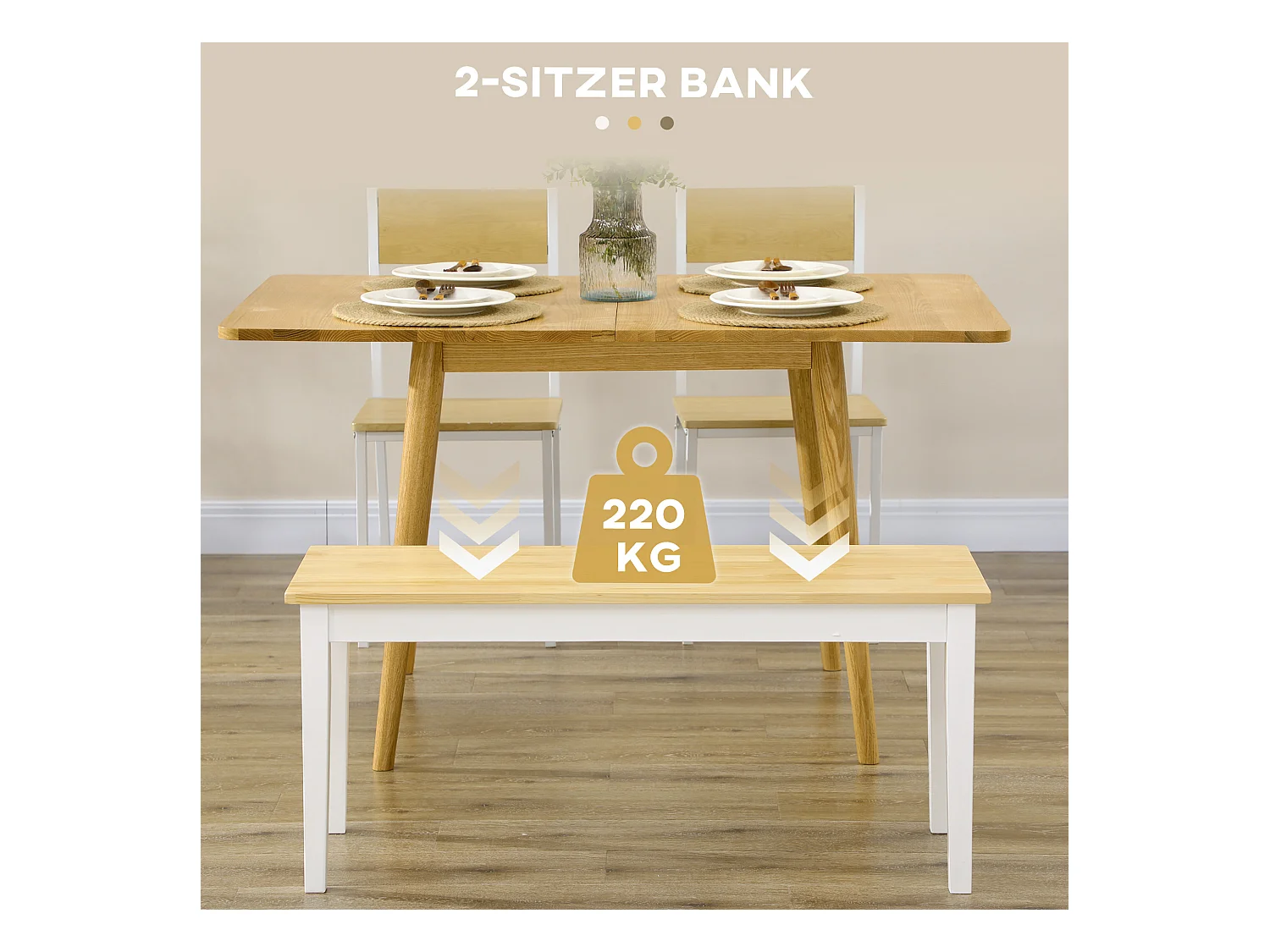 Banc 2 posti in bois de pin 220 kg pour kitchen salle à manger salon blanc 102 x 36 x 45 cm