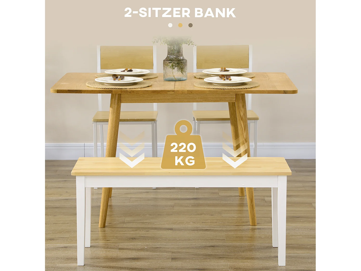 Banc 2 places en bois de pin 220 kg pour cuisine salle à manger salon blanc 102 x 36 x 45 cm