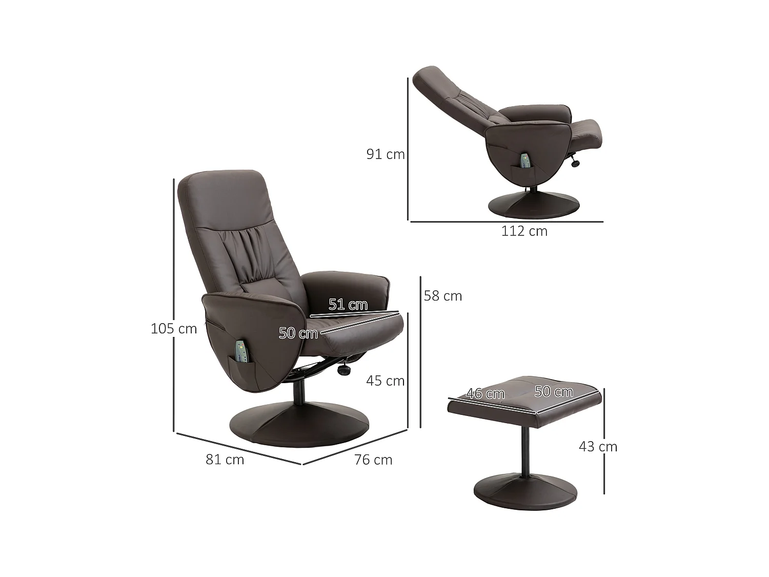 Fauteuil relax TV massaggio 360° cuir synthétique inclinable avec ottomane salon chambre brun 76x81x105 cm