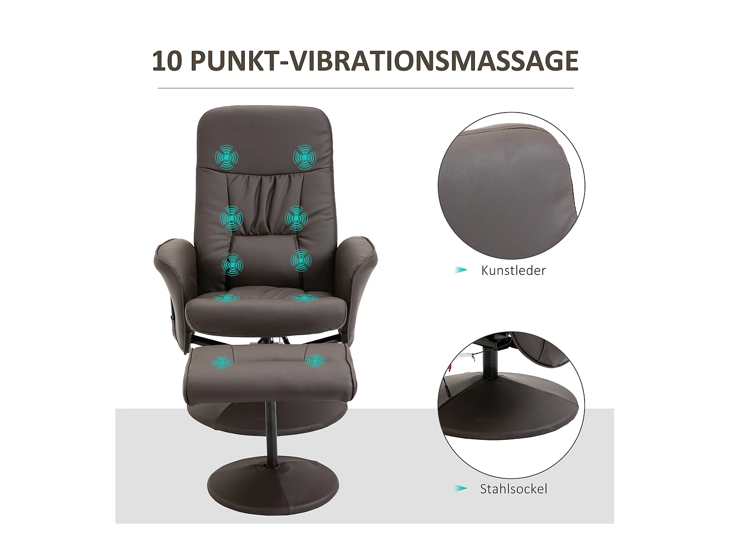 Fauteuil relax TV massaggio 360° cuir synthétique inclinable avec ottomane salon chambre brun 76x81x105 cm