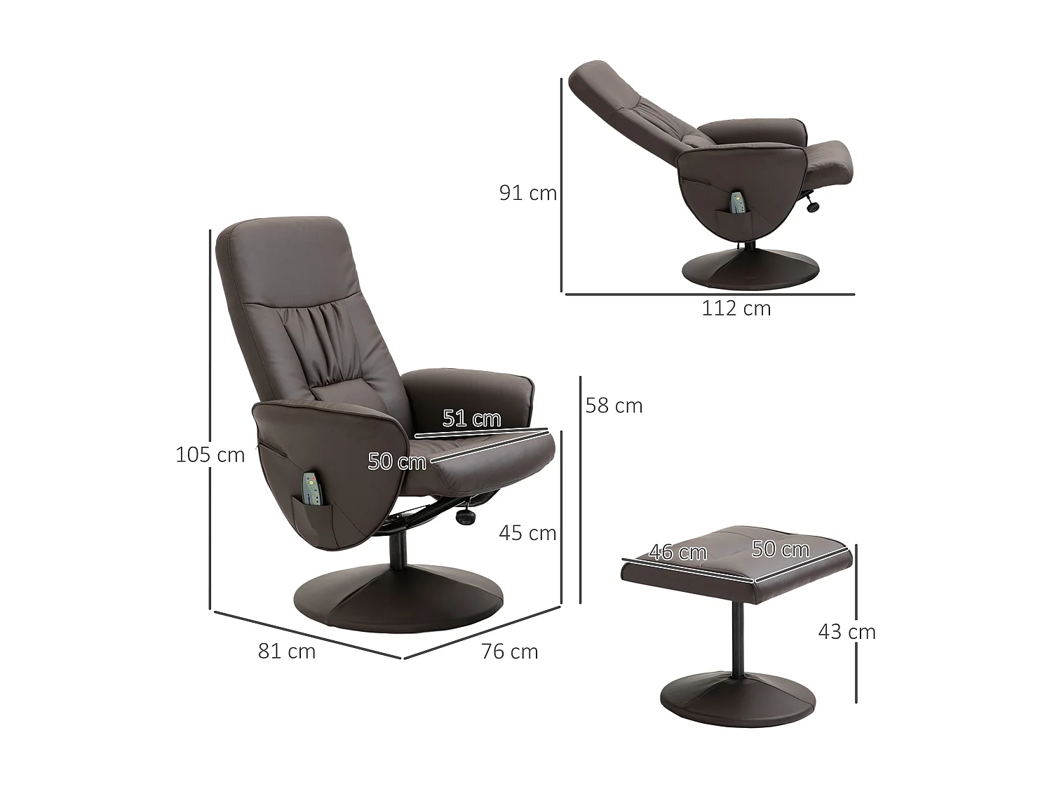 Fauteuil relax TV massage 360° cuir synthétique inclinable avec ottomane salon chambre brun 76x81x105 cm