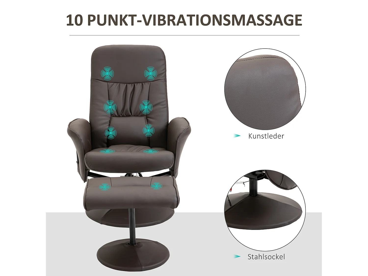 Fauteuil relax TV massage 360° cuir synthétique inclinable avec ottomane salon chambre brun 76x81x105 cm