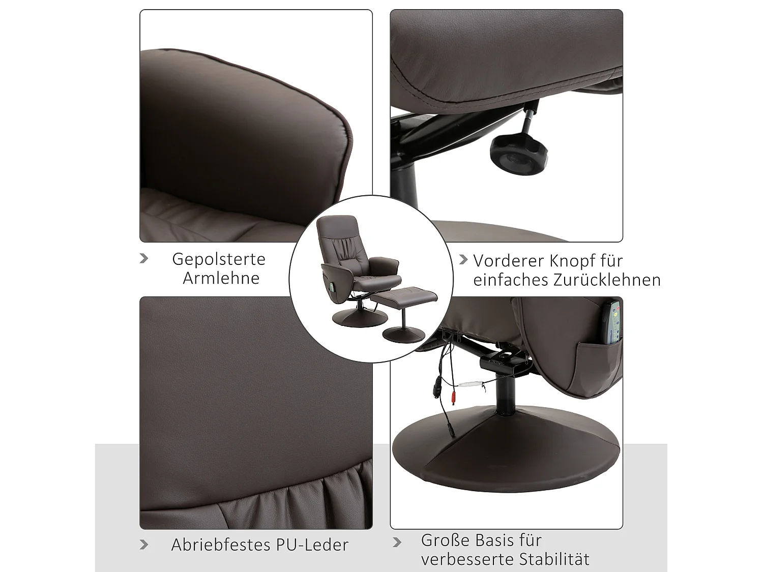 Fauteuil relax TV massage 360° cuir synthétique inclinable avec ottomane salon chambre brun 76x81x105 cm