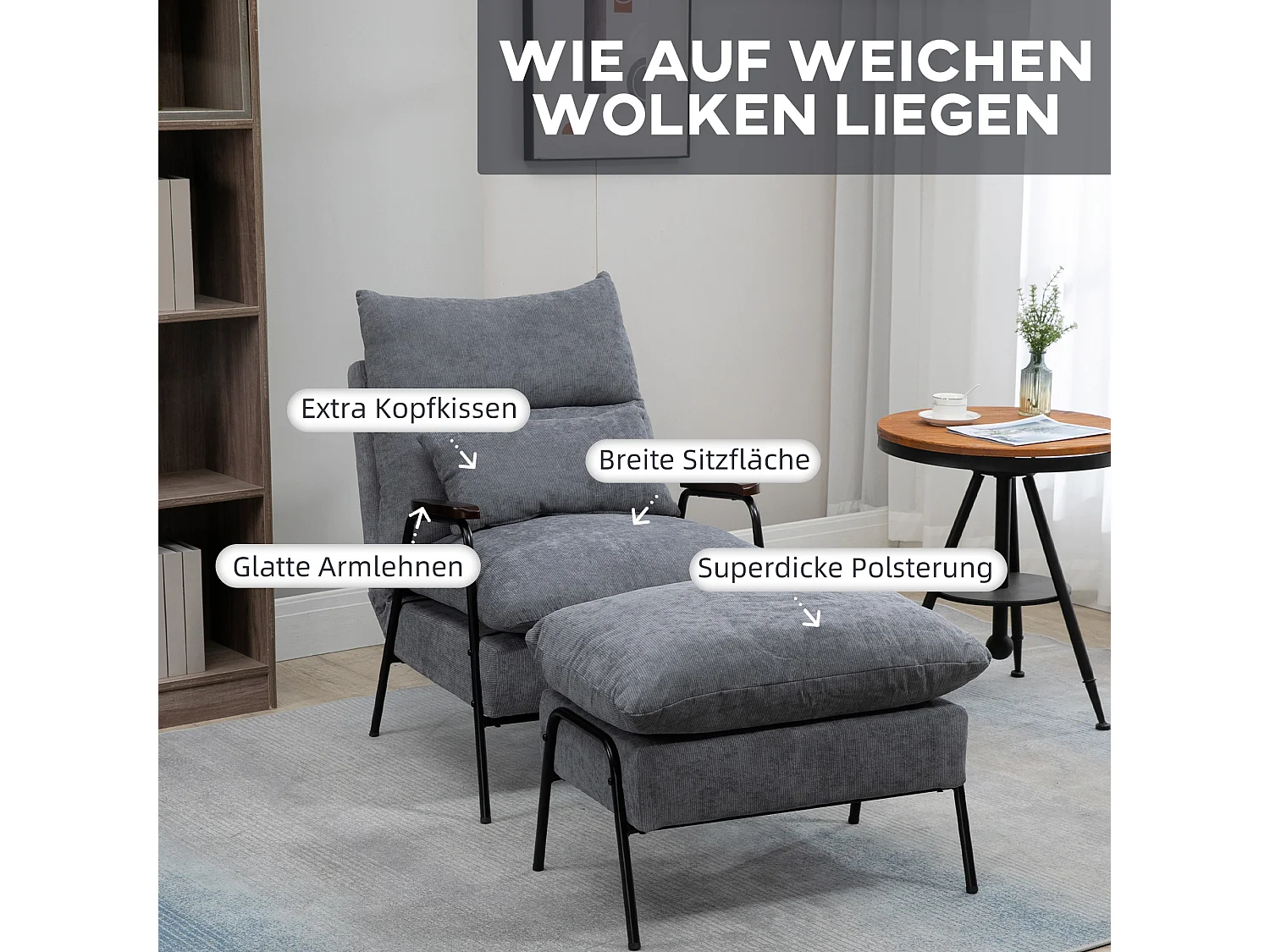 Fauteuil relax avec ottomane tissu gris fauteuil TV inclinable siège lounge 68x91,5x88 cm