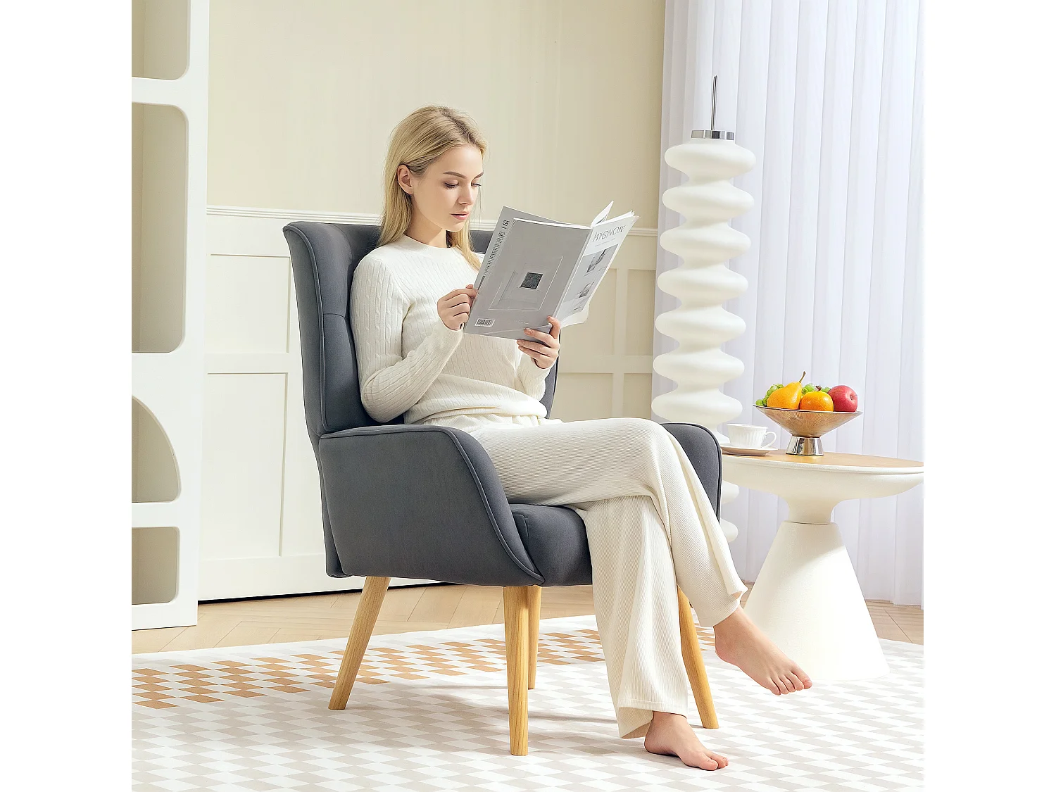 Divano letto in velluto con pieds bois pour salon chambre gris siège confortable