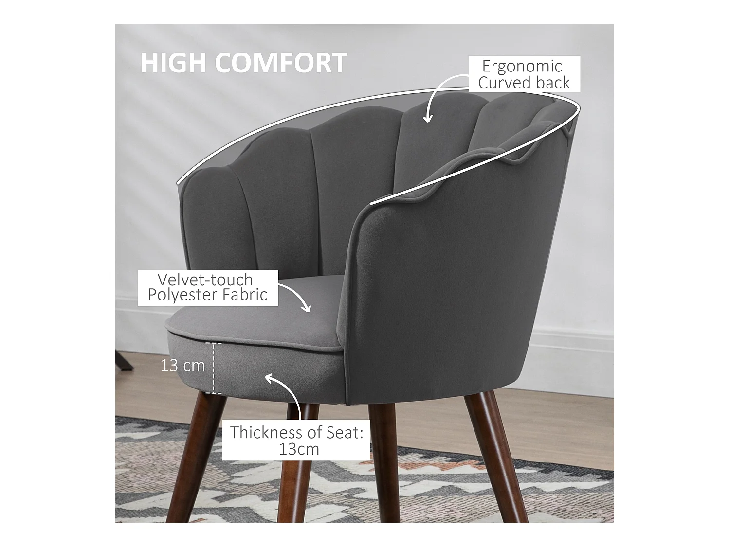 Silla de comedor de terciopelo de poliéster con respaldo y patas de madera para salón cocina gris oscuro 66x72x79cm