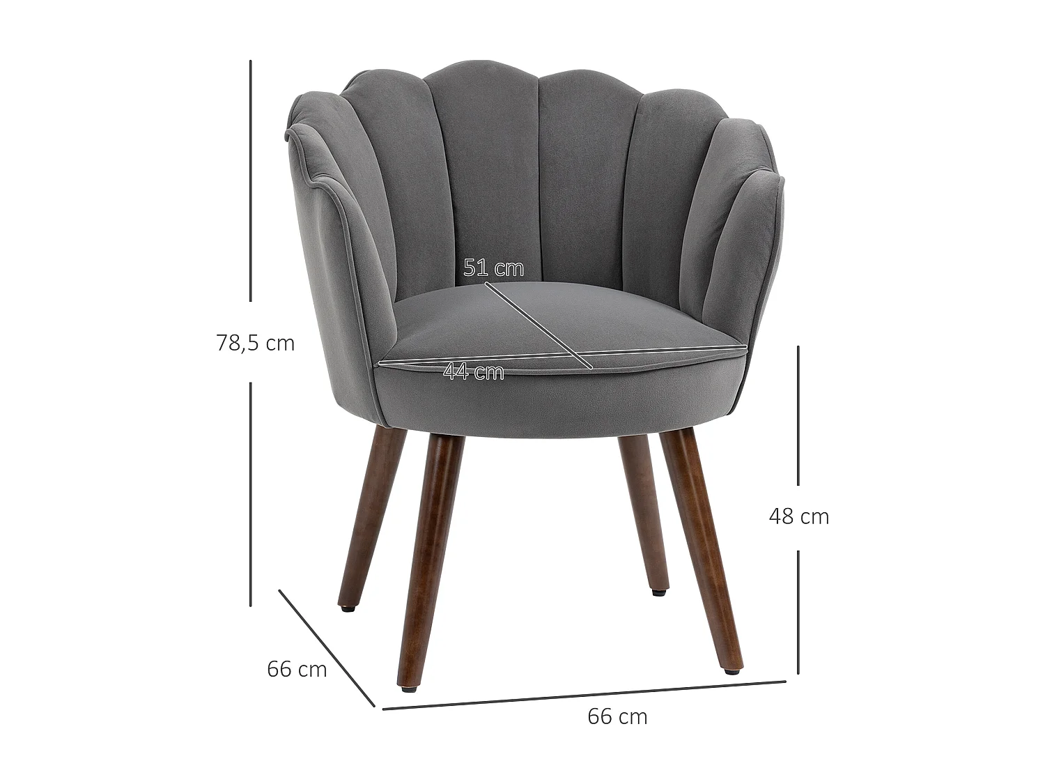 Chaise de salle à manger in velluto di poliestere con dossier e piedini in legno per cucina da salone grigio foncé 66x72x79cm