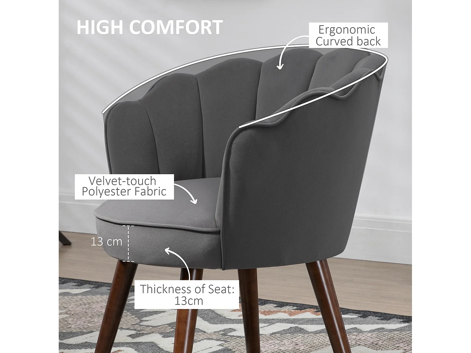 Chaise de salle à manger in velluto di poliestere con dossier e piedini in legno per cucina da salone grigio foncé 66x72x79cm