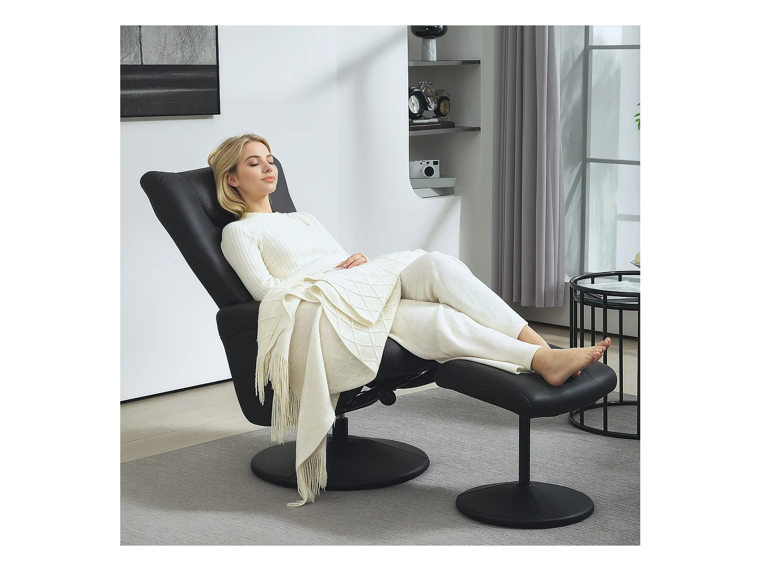 Fauteuil TV relax avec repose-pieds en simili cuir pivotant 360° inclinable pour salon noir