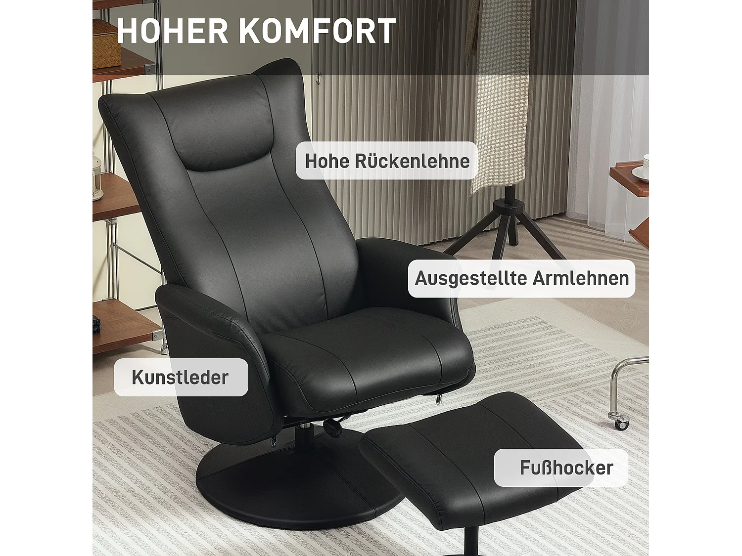 Fauteuil TV relax avec repose-pieds en simili cuir pivotant 360° inclinable pour salon noir