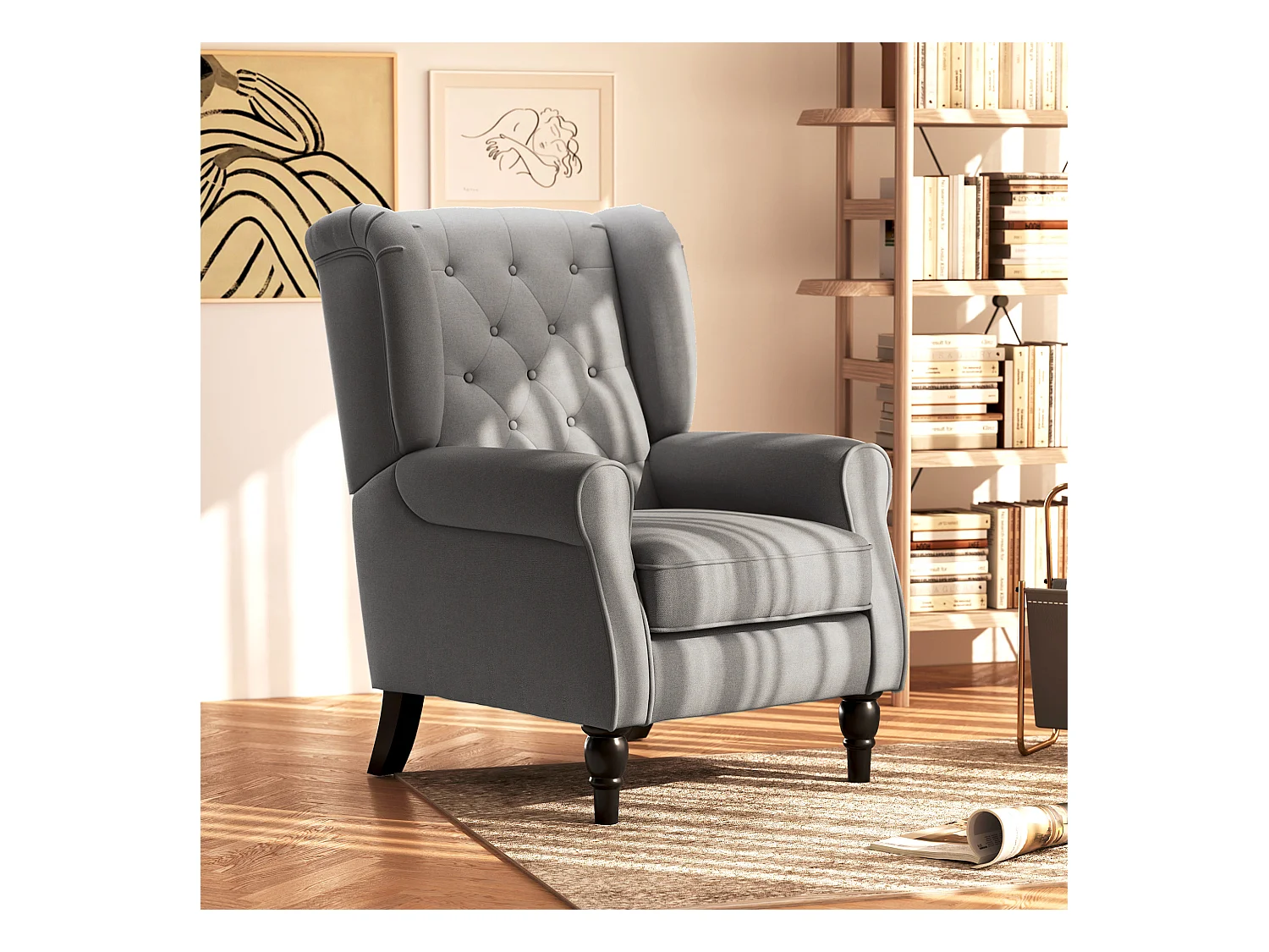 Sillón de poliéster con respaldo capitoné y patas de madera para salón y dormitorio, color gris oscuro