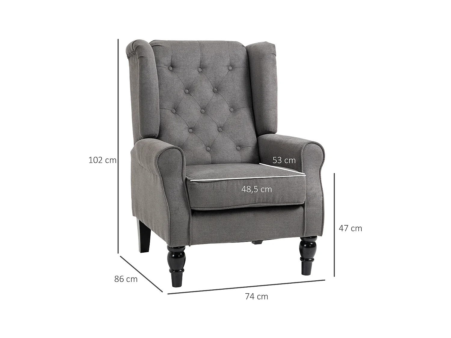 Sillón de poliéster con respaldo capitoné y patas de madera para salón y dormitorio, color gris oscuro